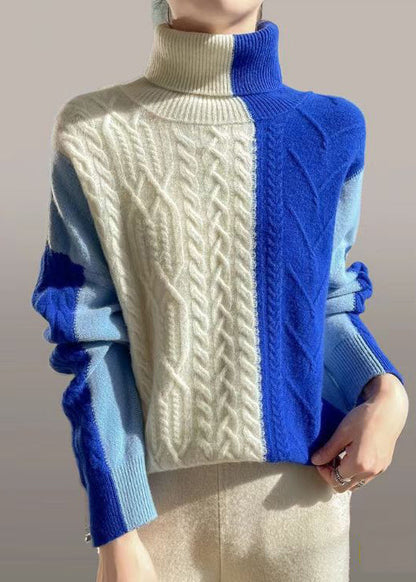 Blue Asymmetrical Patchwork Cable Knit Sweater Spring