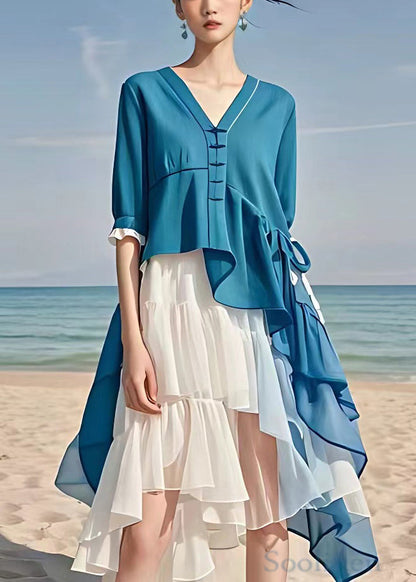 Blue Asymmetrical Patchwork Chiffon Dress Half Sleeve
