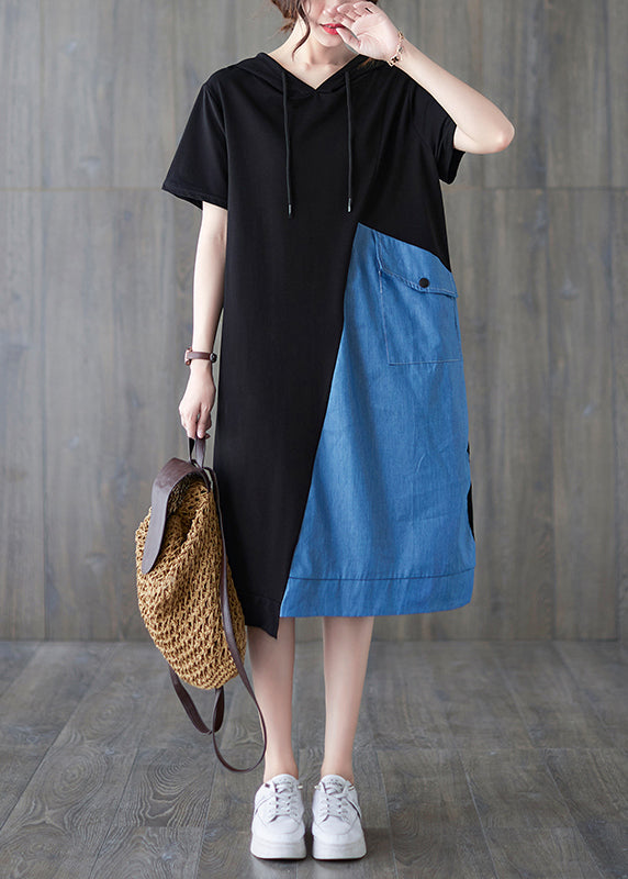 Blue Black Hooded Drawstring Patchwork Dress Short Sleeve