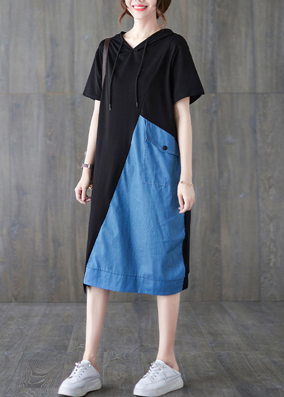 Blue Black Hooded Drawstring Patchwork Dress Short Sleeve