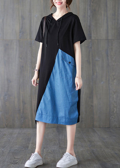 Blue Black Hooded Drawstring Patchwork Dress Short Sleeve
