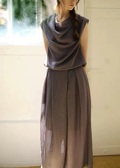 Blue Bow Asymmetrical Linen Top and Skirts Two Piece Set Sleeveless