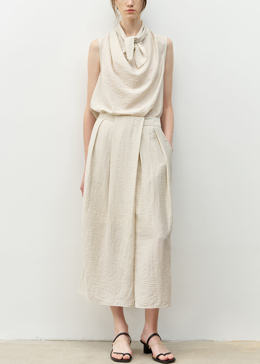 Blue Bow Asymmetrical Linen Top and Skirts Two Piece Set Sleeveless