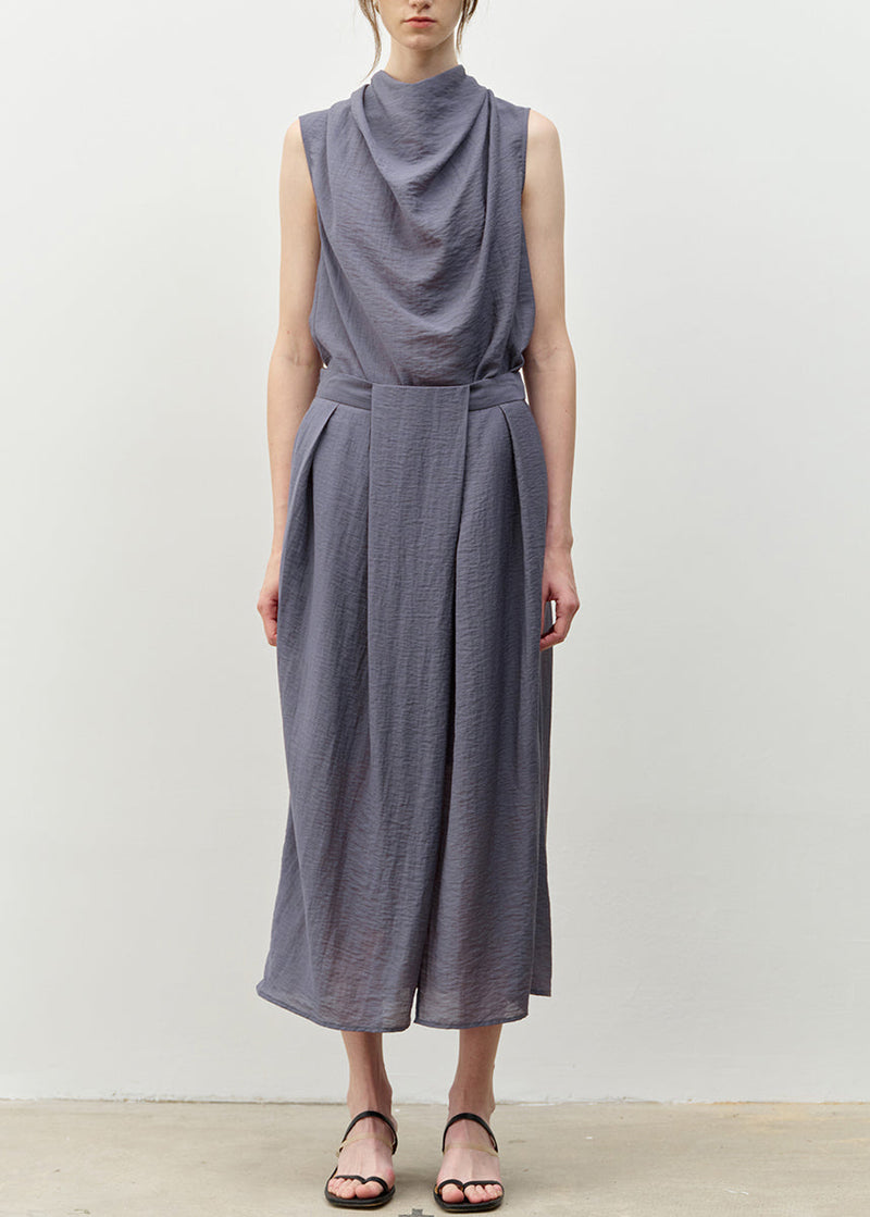 Blue Bow Asymmetrical Linen Top and Skirts Two Piece Set Sleeveless