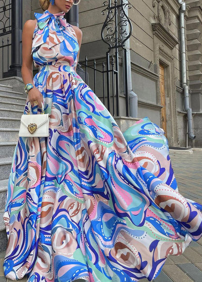 Blue Bow Print High Waist Cotton Maxi Dress Summer