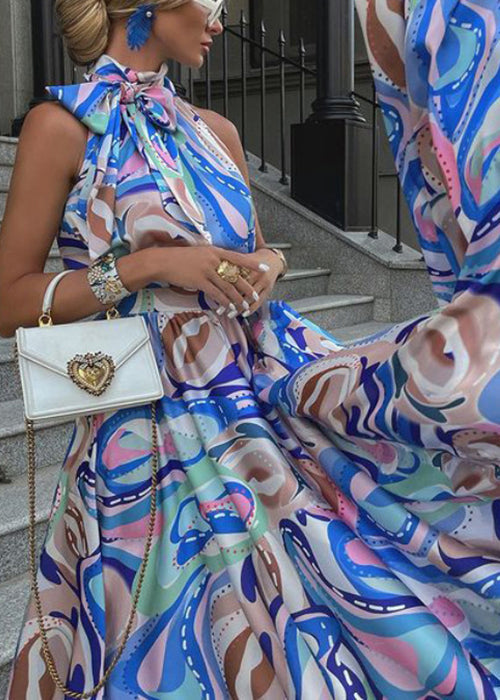 Blue Bow Print High Waist Cotton Maxi Dress Summer