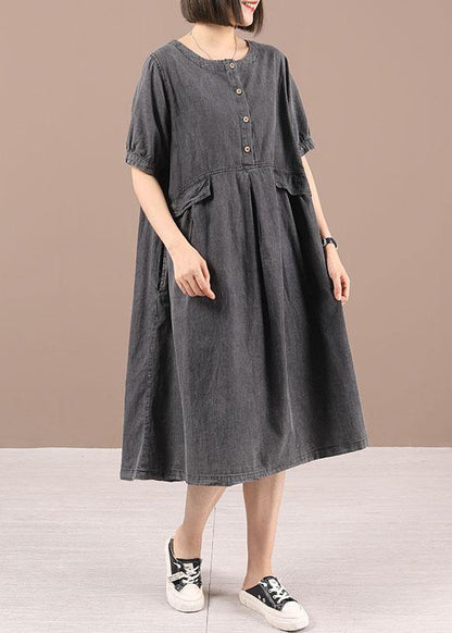 Blue Button Cinched Denim Summer Dresses
