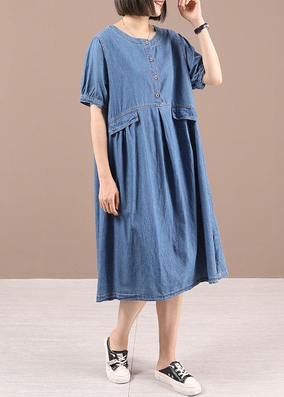 Blue Button Cinched Denim Summer Dresses