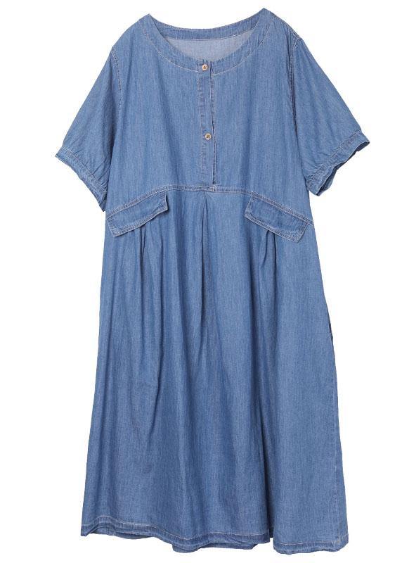 Blue Button Cinched Denim Summer Dresses