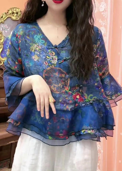 Blue Button Print Tulle Patchwork Blouses Flare Sleeve