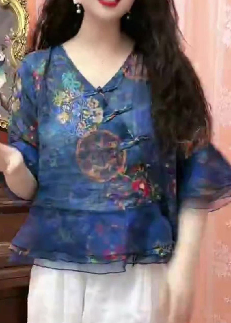 Blue Button Print Tulle Patchwork Blouses Flare Sleeve