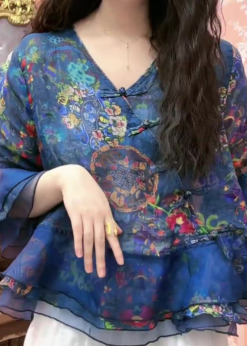 Blue Button Print Tulle Patchwork Blouses Flare Sleeve