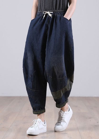 Blue Elastic Waist Pockets Harem Denim Fall Patchwork Pants