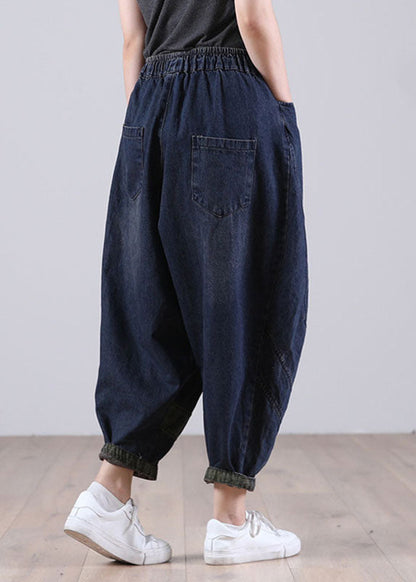 Blue Elastic Waist Pockets Harem Denim Fall Patchwork Pants