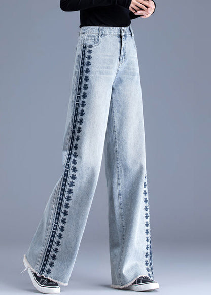 Blue Embroidered Pockets Patchwork Denim Pants Spring