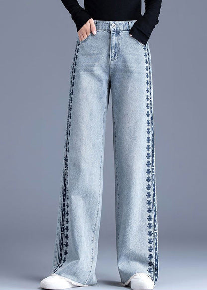 Blue Embroidered Pockets Patchwork Denim Pants Spring