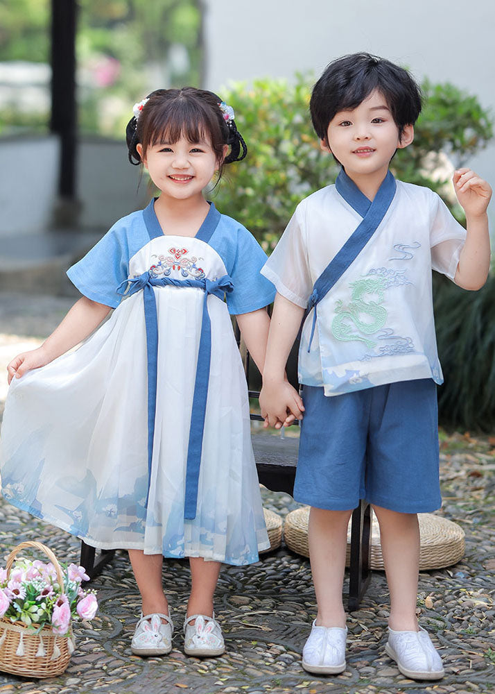 Blue Embroideried Patchwork Cotton Baby Dress Summer