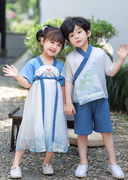 Blue Embroideried Patchwork Cotton Baby Dress Summer