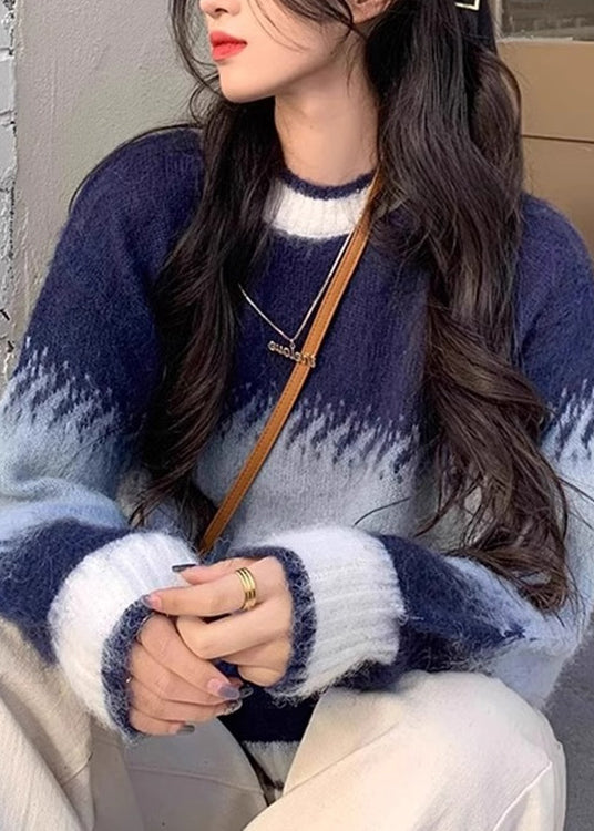 Blue Gradient O Neck Thick Cozy Knit Sweaters Winter