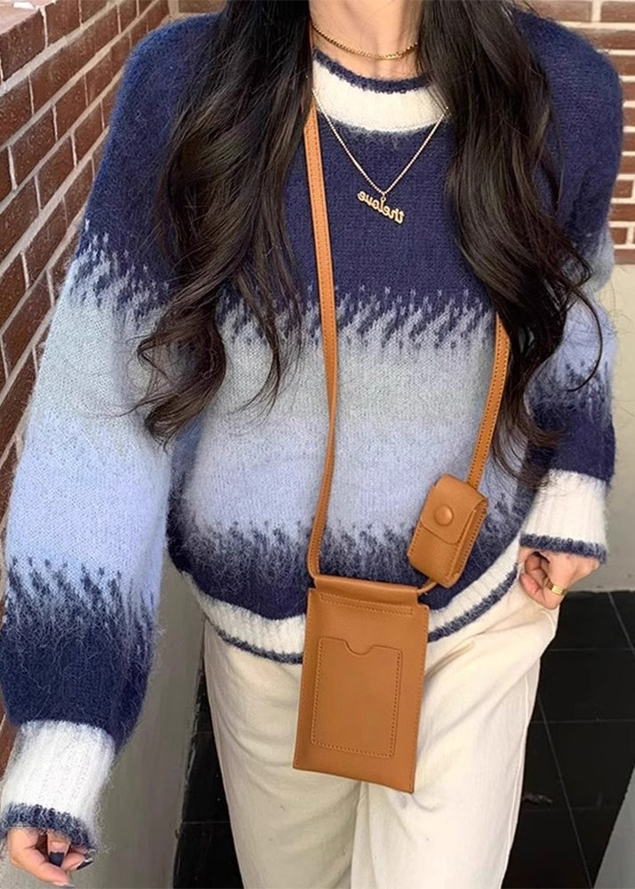 Blue Gradient O Neck Thick Cozy Knit Sweaters Winter