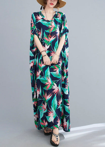 Blue Green V Neck Print Cotton Party Maxi Dress Summer