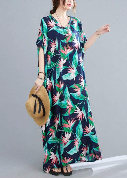 Blue Green V Neck Print Cotton Party Maxi Dress Summer