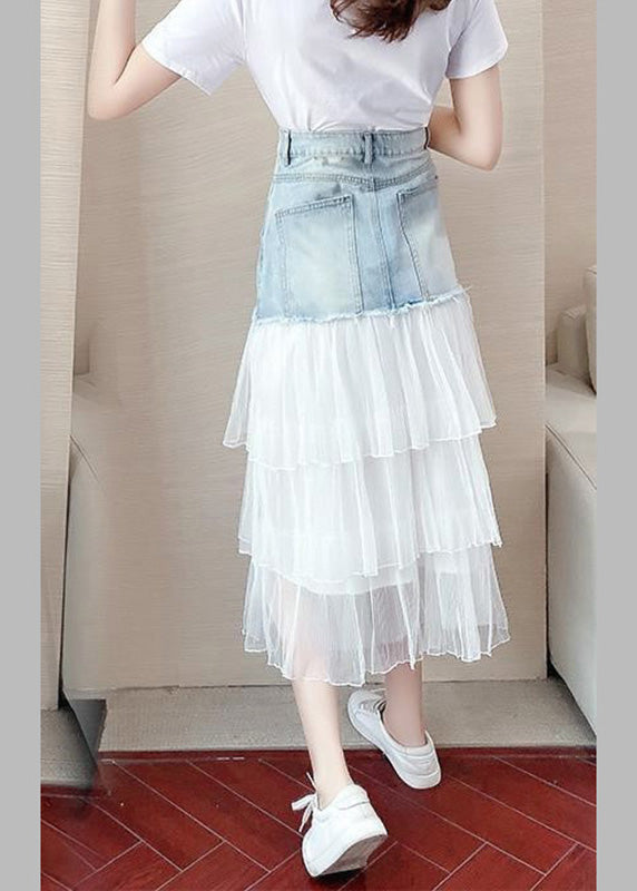 Blue High Waist Tulle Patchwork Denim a Line Skirt
