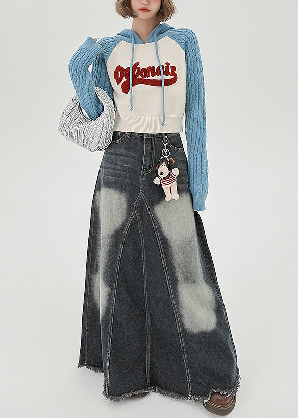 Blue Hooded Patchwork Jacquard Knit Sweatshirts Top Spring