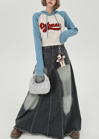 Blue Hooded Patchwork Jacquard Knit Sweatshirts Top Spring