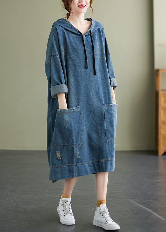 Blue Hooded Drawstring Denim Dress Spring