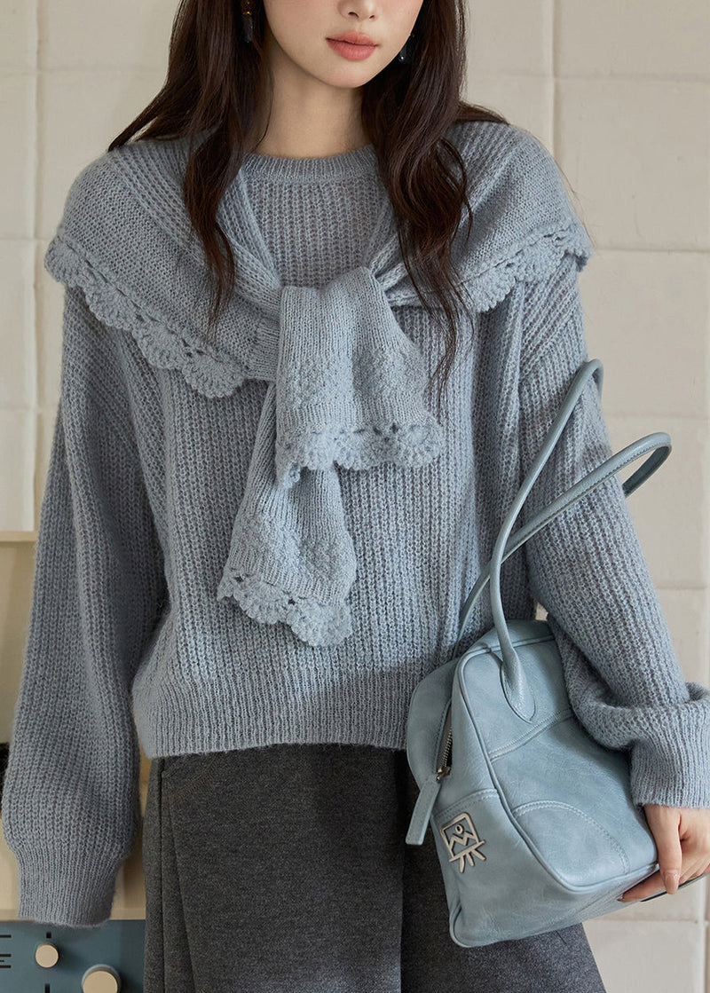 Blue O-neck Cotton Knit Sweaters and Shawl Two Pieces Set Lantern Sleeve