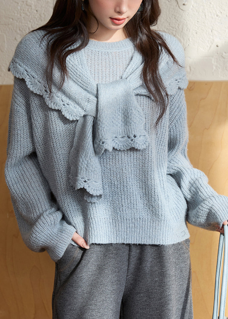 Blue O-neck Cotton Knit Sweaters and Shawl Two Pieces Set Lantern Sleeve