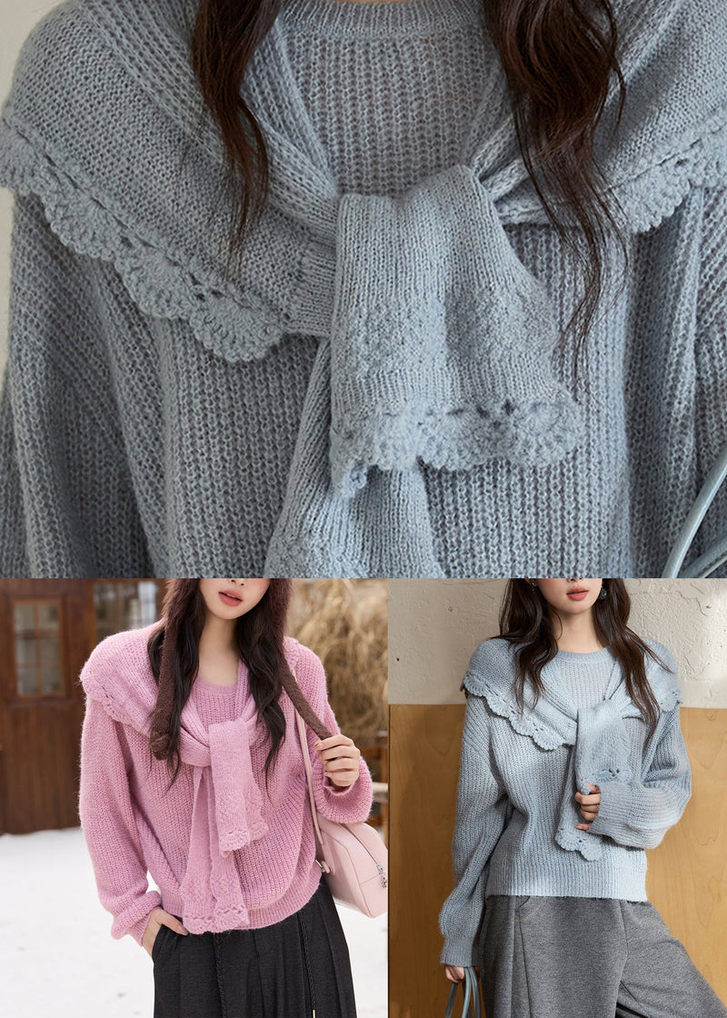Blue O-neck Cotton Knit Sweaters and Shawl Two Pieces Set Lantern Sleeve