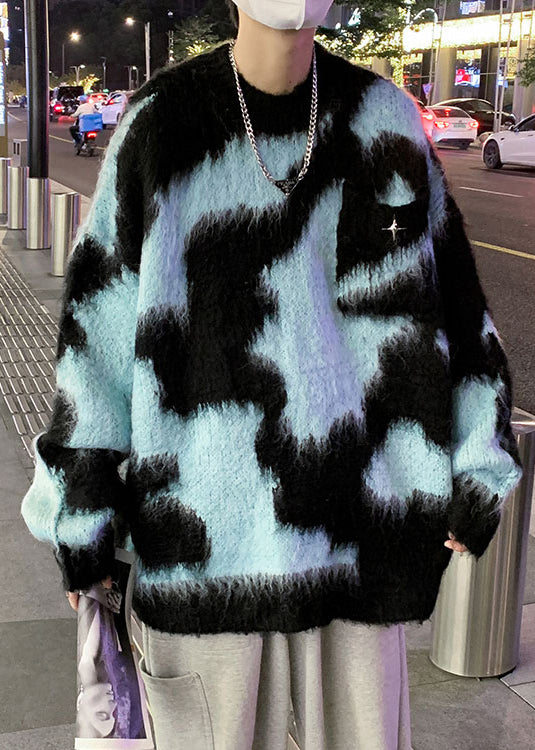 Blue O Neck Patchwork Knit Sweater Winter