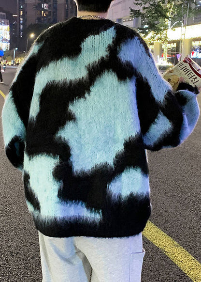Blue O Neck Patchwork Knit Sweater Winter