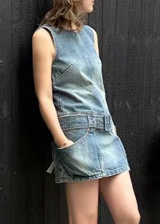 Blue O-neck Patchwork Sashes Denim Mid Dress Sleeveless