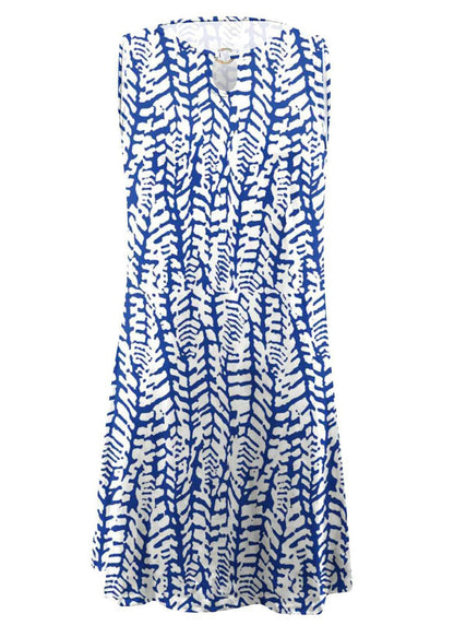 Blue O-neck Print Mid Dresses Summer