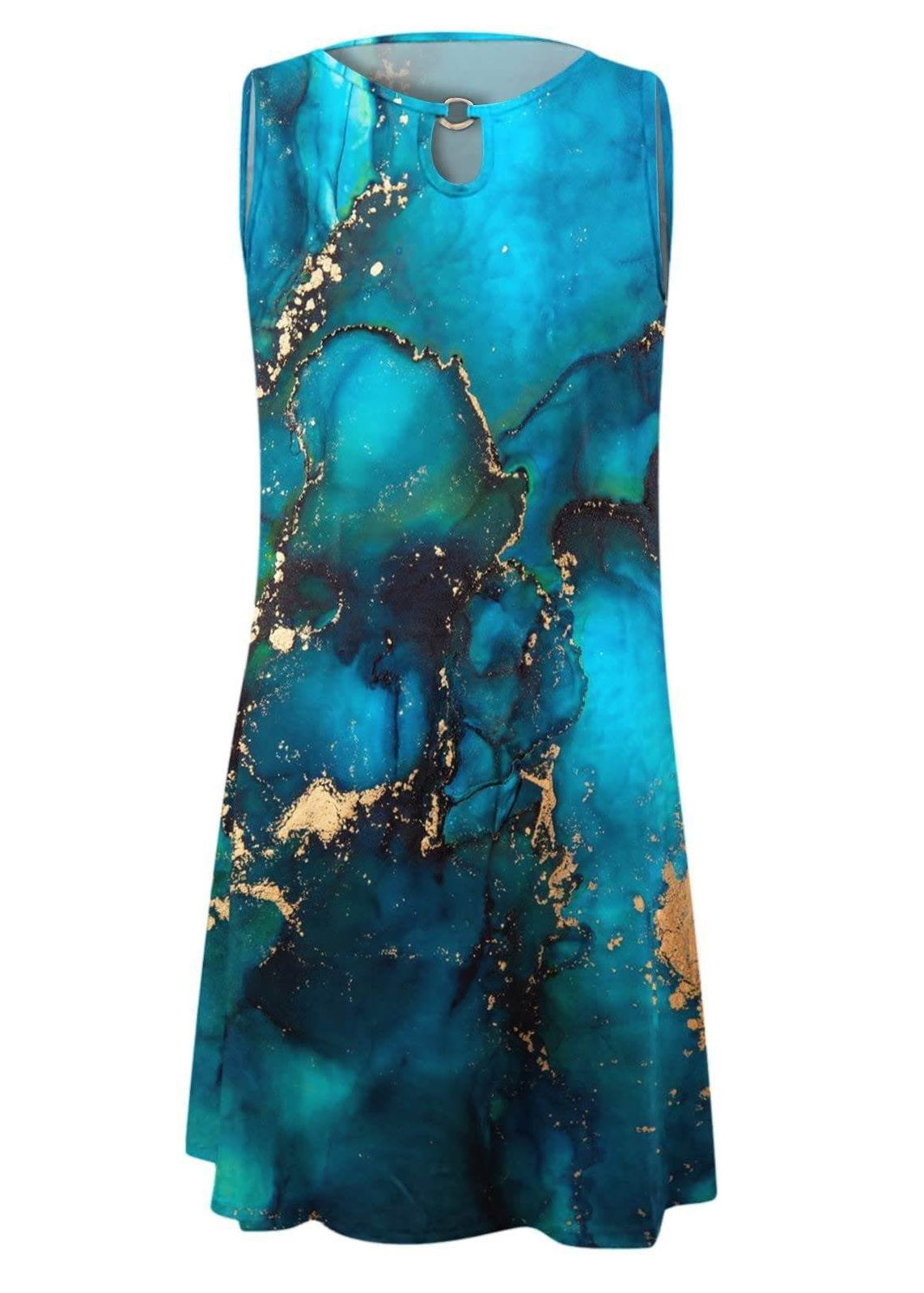 Blue O-neck Print Mid Dresses Summer