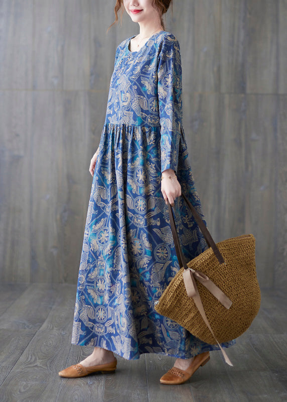 Blue O-neck Print Patchwork Long Dress Summer