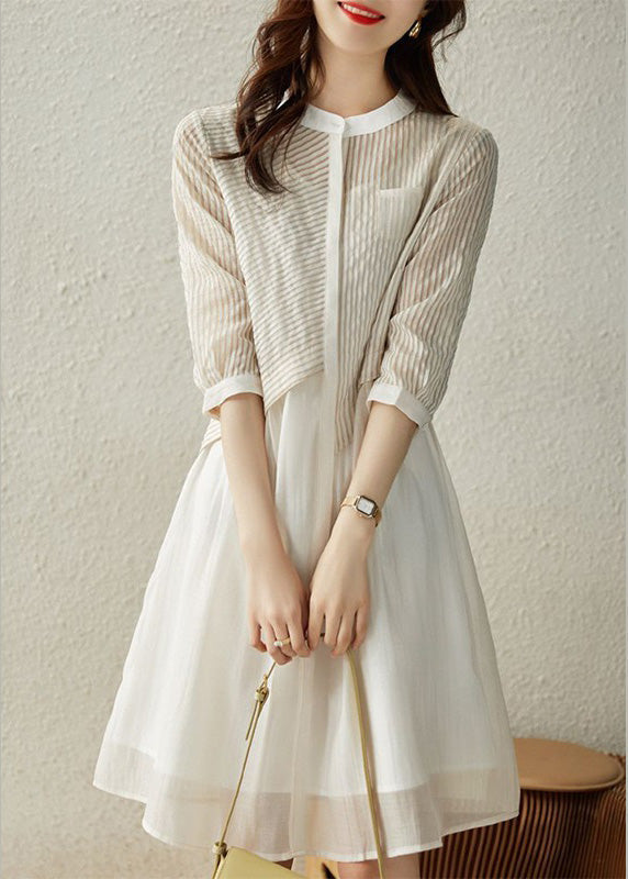 Blue O-neck Striped Patchwork Fake Two Pieces Button Long Dress Summer