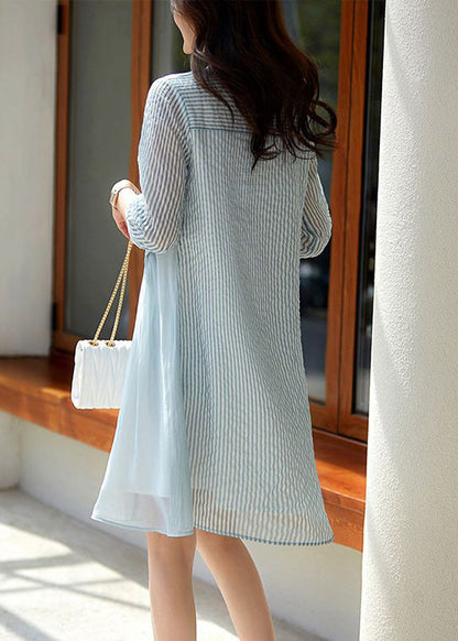 Blue O-neck Striped Patchwork Fake Two Pieces Button Long Dress Summer