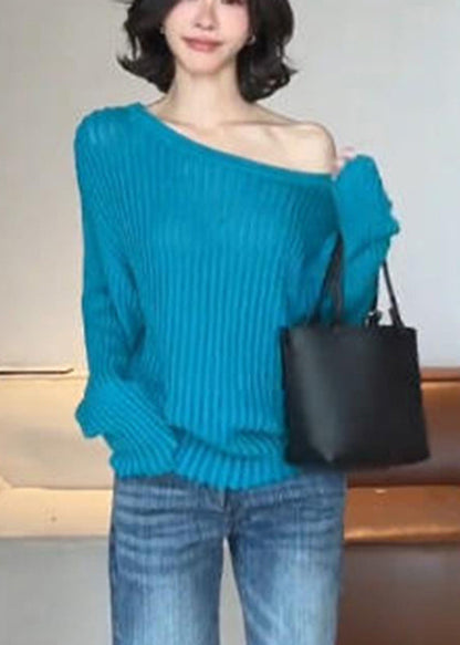 Blue One Shoulder Striped Hollow Out Cotton Knit Sweater Spring