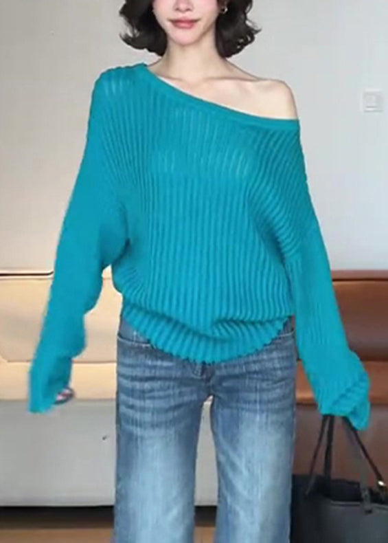 Blue One Shoulder Striped Hollow Out Cotton Knit Sweater Spring