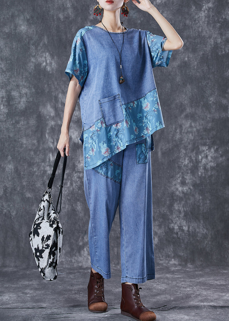Blue Oversized Asymmetrical Patchwork Denim Two Pieces Set Summer