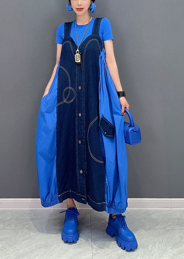 Blue Oversized Patchwork Cotton Denim Strap Dress Summer