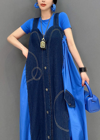 Blue Oversized Patchwork Cotton Denim Strap Dress Summer
