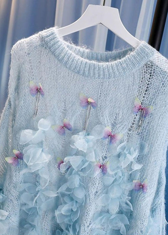 Blue Patchwork Nail Bead Cotton Knit Sweaters Winter
