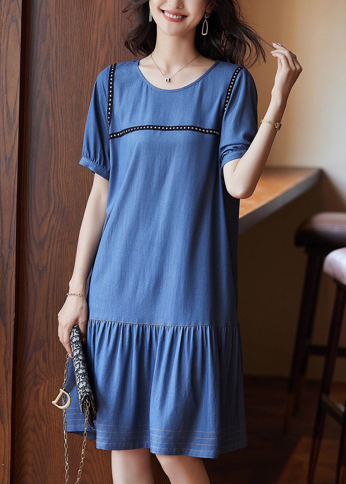 Blue Patchwork Rivet Holiday Long Dress Summer