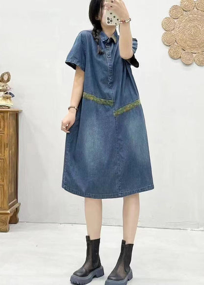 Blue Peter Pan Collar Patchwork Denim Dress Summer