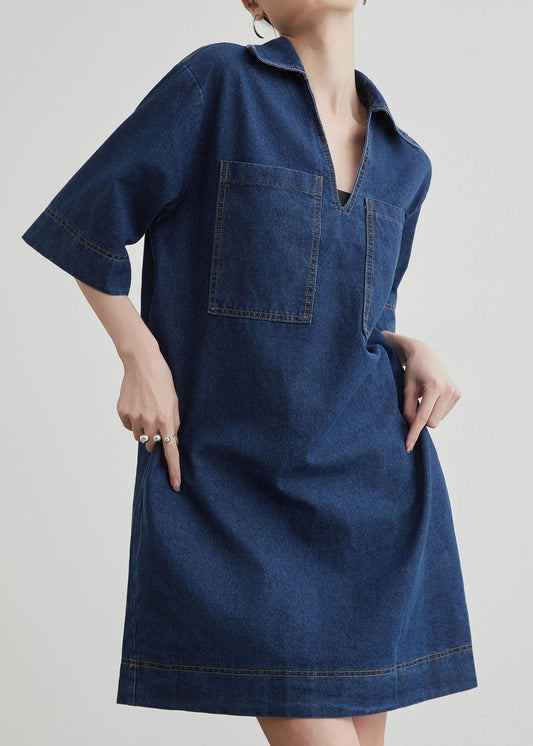 Blue Peter Pan Collar Pockets Denim T Shirt Dresses Summer